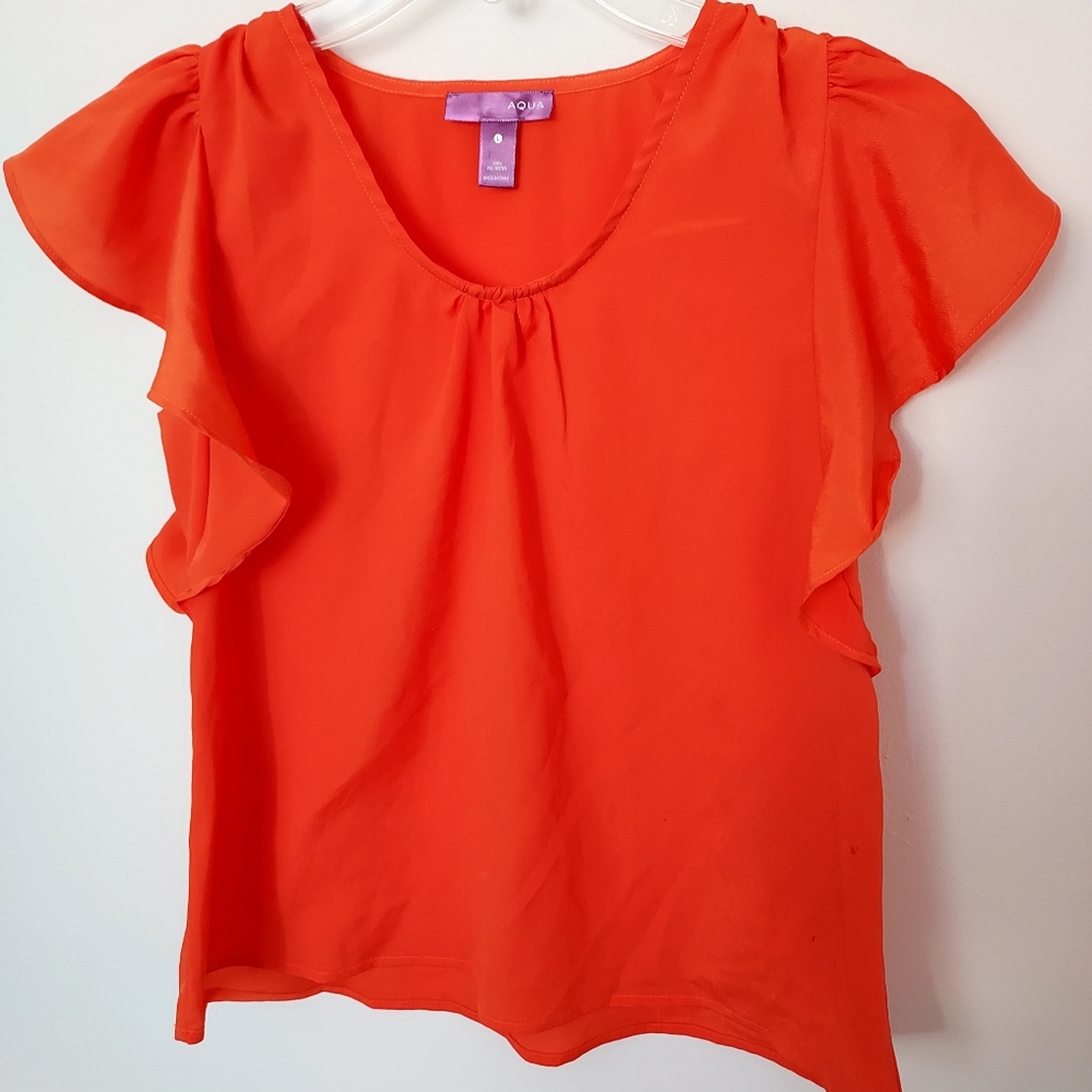 AQUA vibrant orange flutter sleeve top Large Feminine Fairy Happy